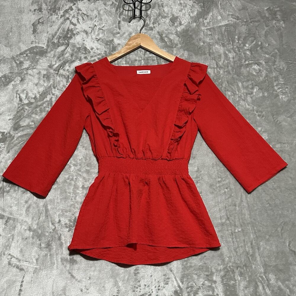 Cache‎ Cache Romantic Smocked Waist Ruffle Peplum Top Womens Size S Red feminine